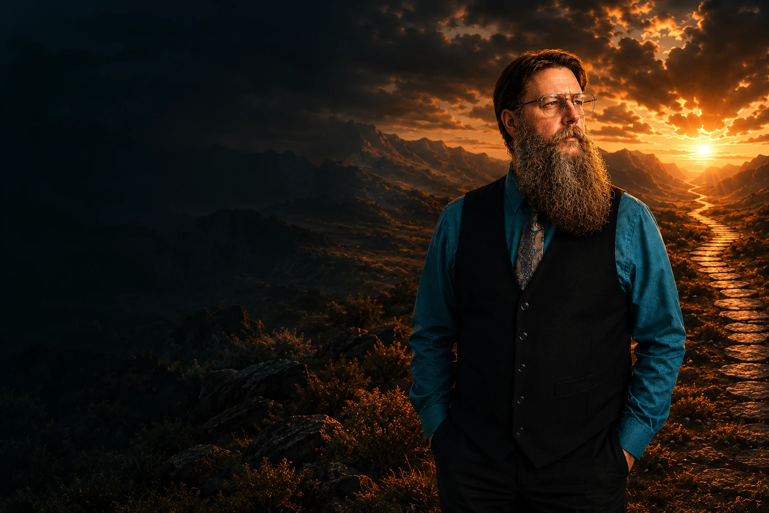 Illustrated Greg Witter standing in a blue shirt and dark vest against a sunset landscape
