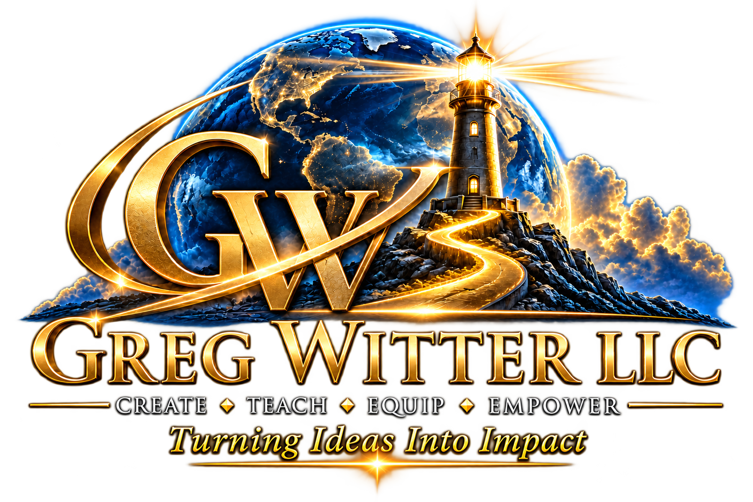 Greg Witter LLC: a lighthouse and globe, with the words Create, Teach, Equip, Empower